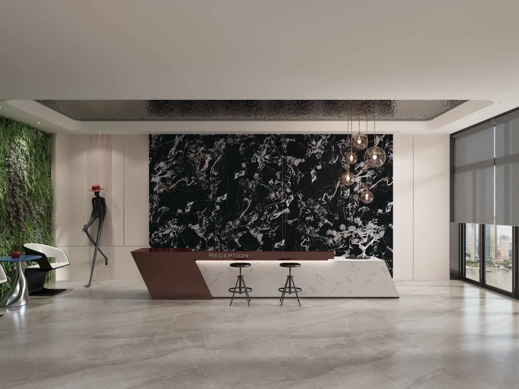 hotel countertop building by white calacata sintered stone and the backgroud building by black sintered stone