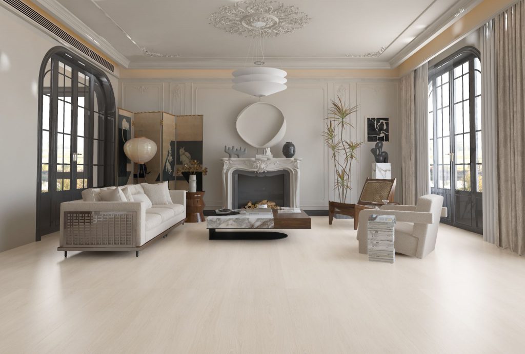 sintered stone floor with a sofa and sintered stone table and sintered stone wall on it
