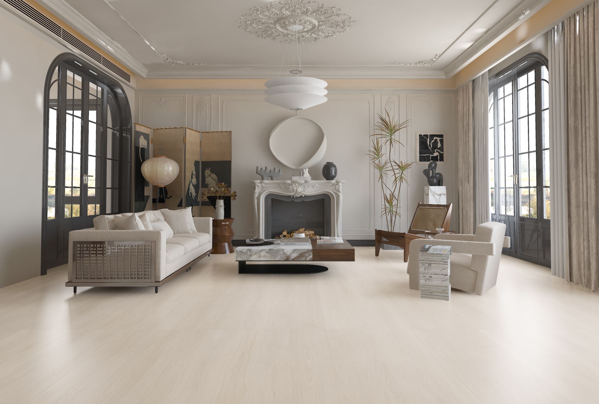 sintered stone floor with a sofa and sintered stone table and sintered stone wall on it