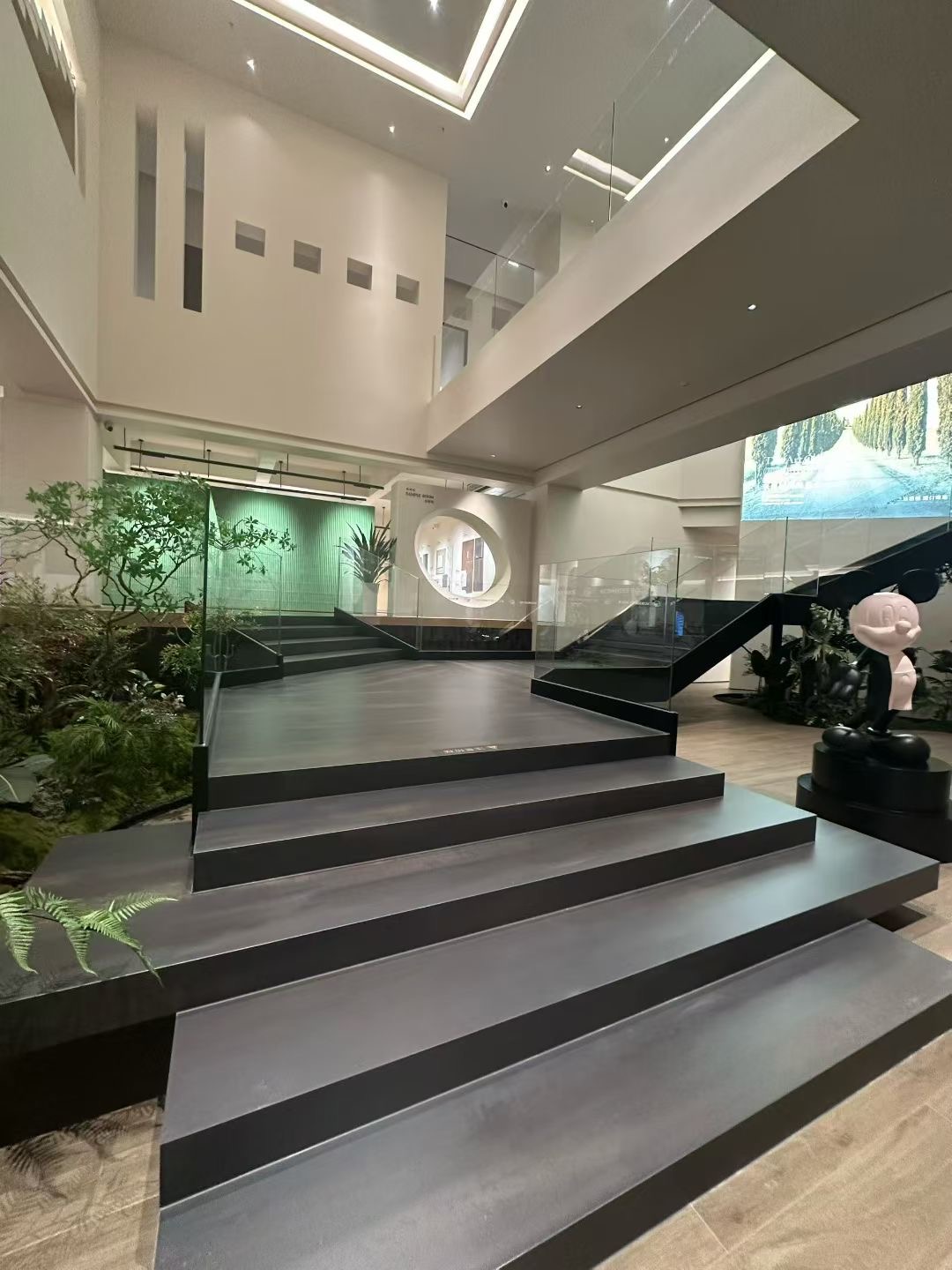 black wood sintered stone stairs with glass