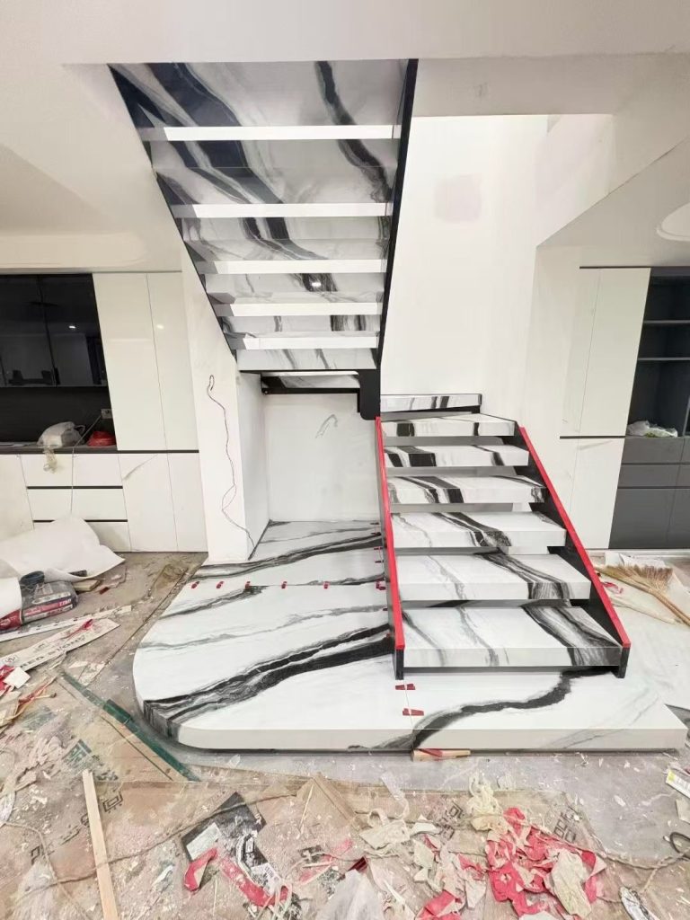panda white sintered stone steps with glass handrail