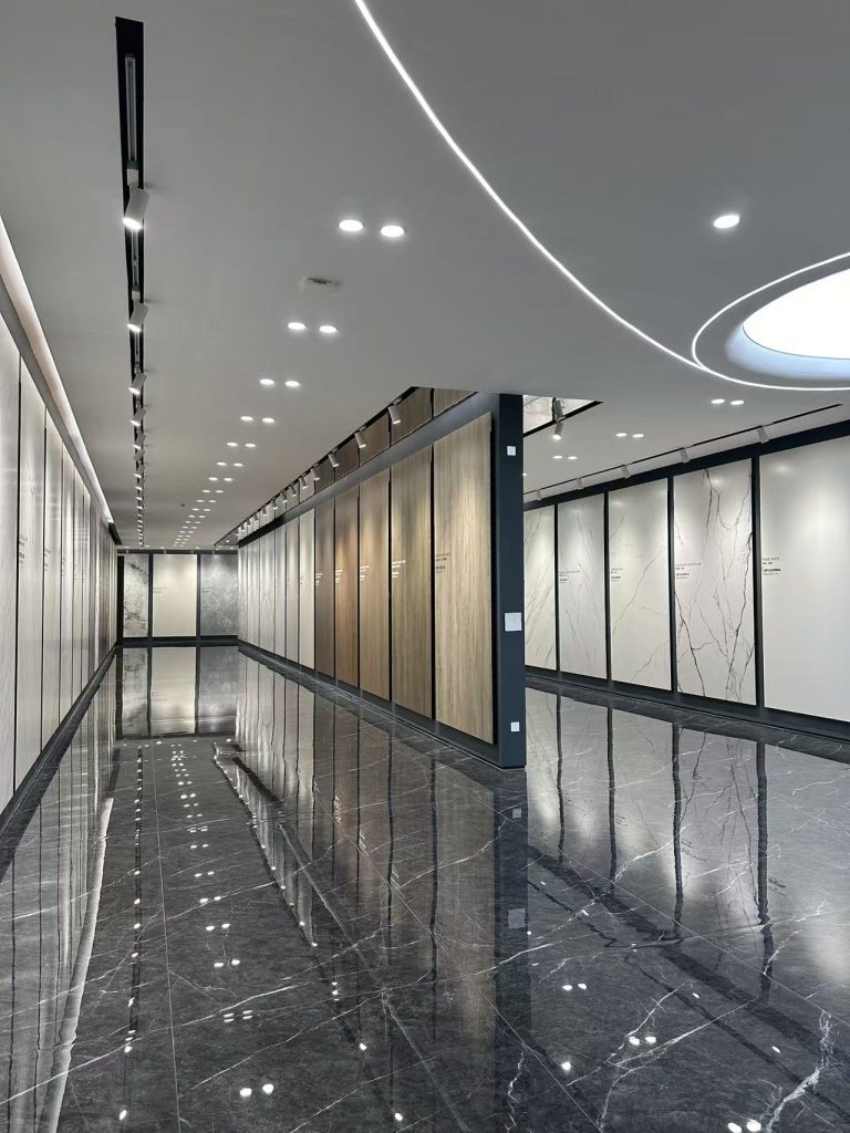 Large sintered stone slab in a showroom