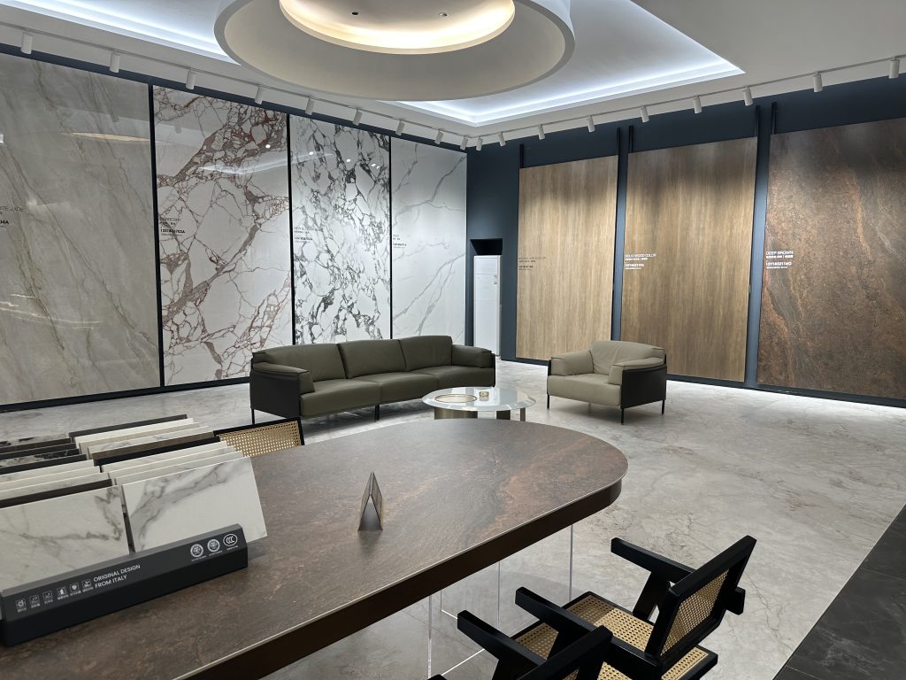 wood grain sintered stone in a big exhibiton hall