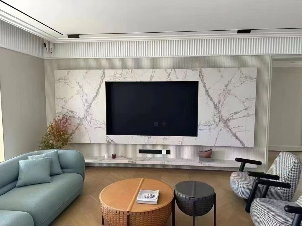 white sintered stone with lighting and sofa