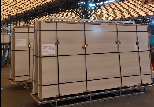 the slabs are secured with 3 horizontal and 4 vertical heavy duty straps