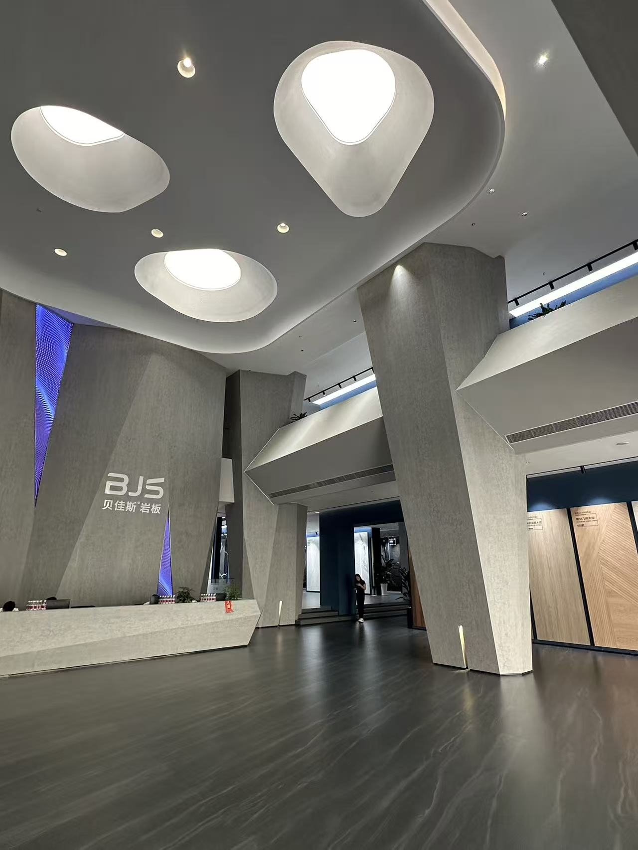 Large-format sintered stone slabs displayed in a showroom